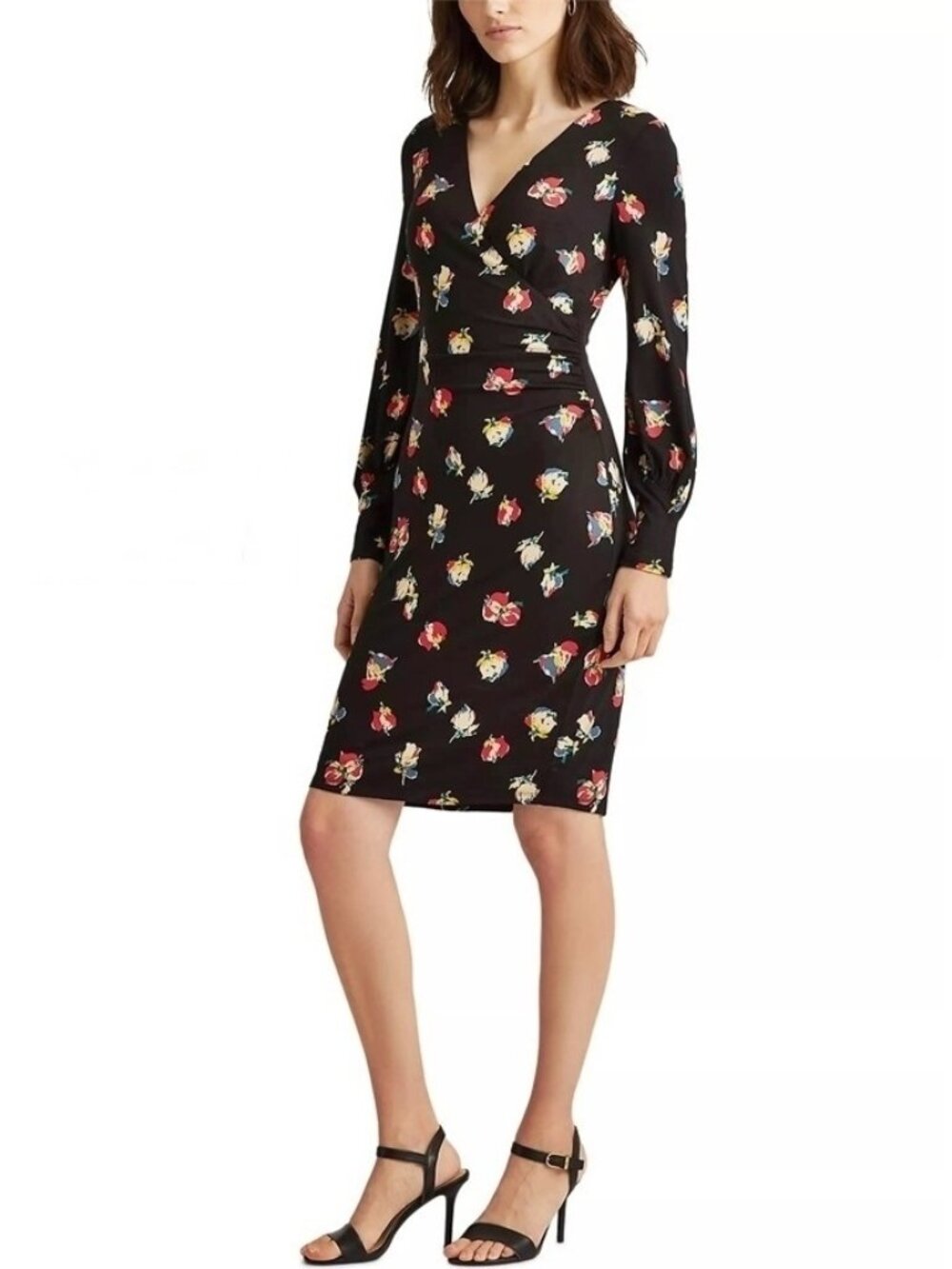 NWT Lauren Ralph Lauren Black Floral Surplice Jersey Dress / US 6